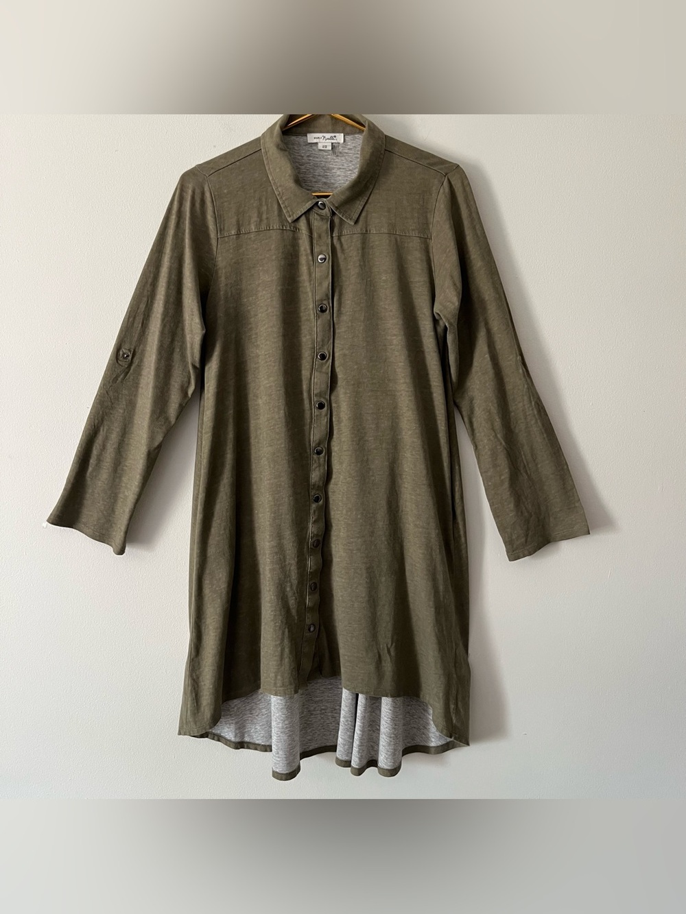 Simply Noelle Olive Green Knit Button Front Cotton Knit Hi-Lo Mini Dress S M